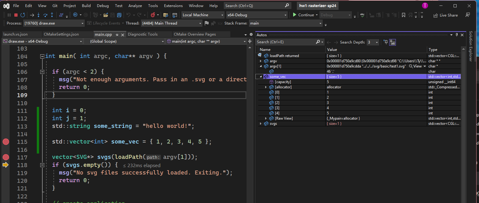 Setting breakpoints, and inspecting variables.