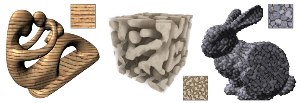 Solid texture synthesis of a statue and wood, bunny and stone.